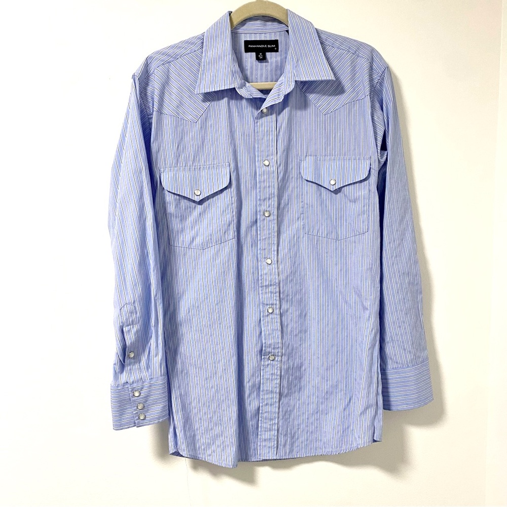 Panhandle Slim Men’s Pearl Snap Light Blue Stripe Western Shirt Pockets
